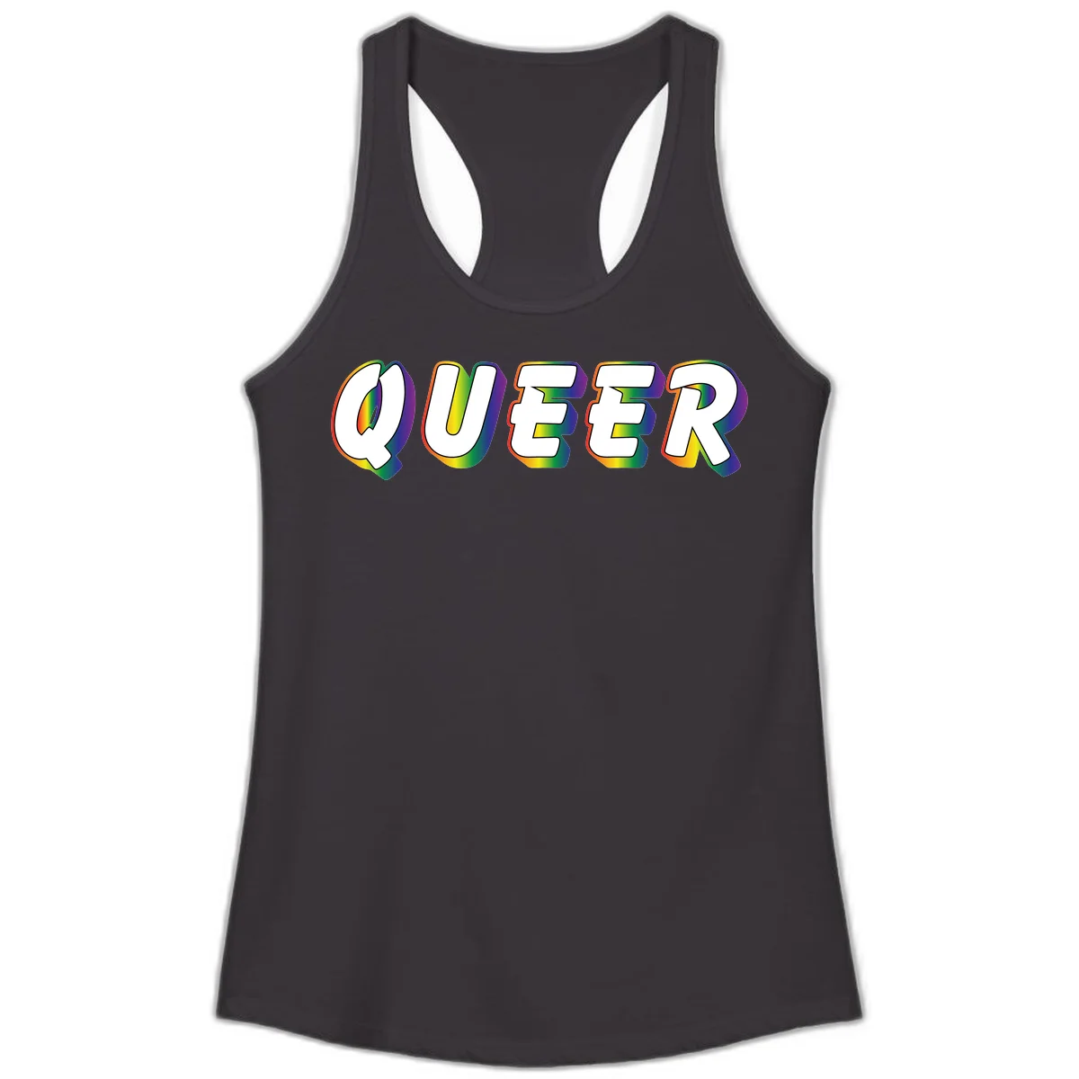 The word QUEER in large bold white letters with vibrant rainbow gradient fill and 3D orange outline effect on gray background in Black