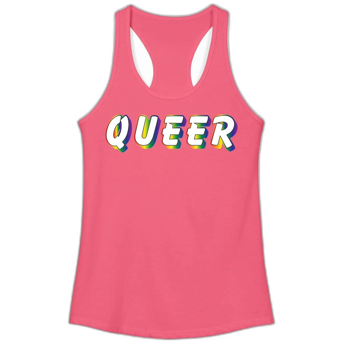 The word QUEER in large bold white letters with vibrant rainbow gradient fill and 3D orange outline effect on gray background in Hot Pink