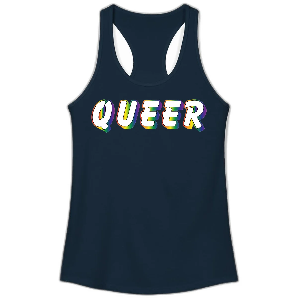 The word QUEER in large bold white letters with vibrant rainbow gradient fill and 3D orange outline effect on gray background in Solid Midnight Navy