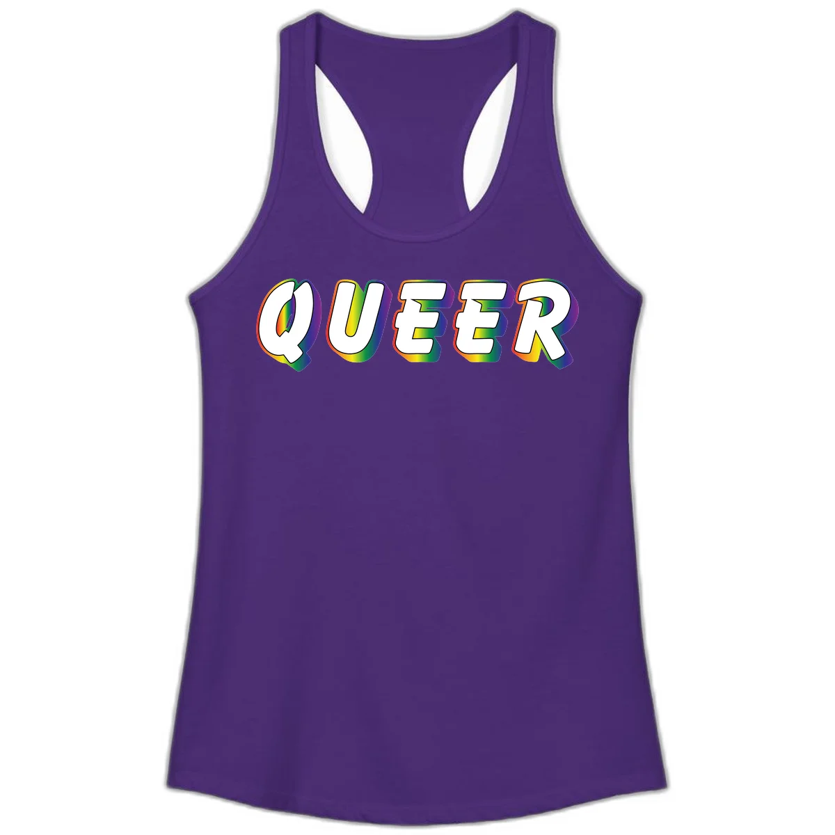 The word QUEER in large bold white letters with vibrant rainbow gradient fill and 3D orange outline effect on gray background in Solid Purple Rush