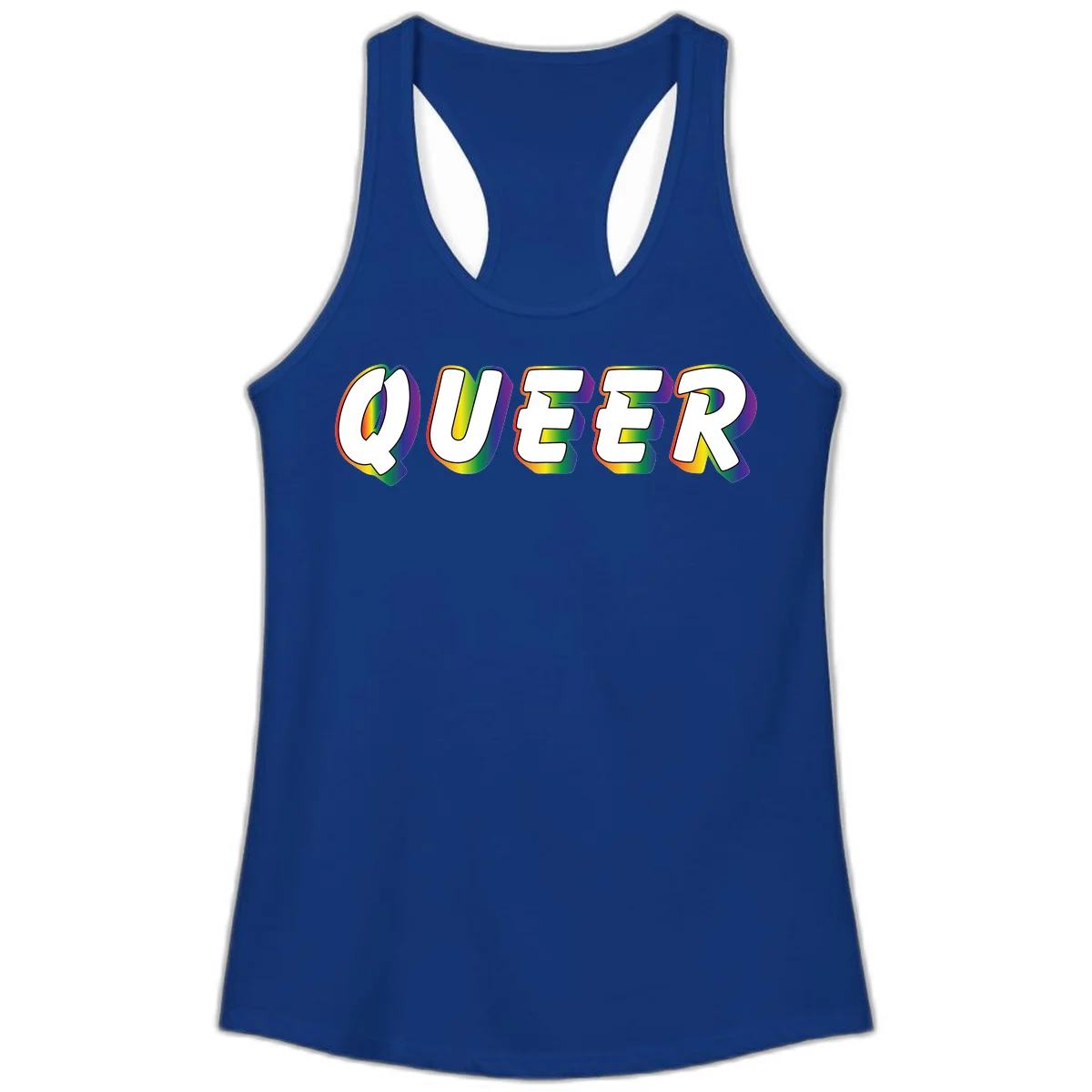 The word QUEER in large bold white letters with vibrant rainbow gradient fill and 3D orange outline effect on gray background in Solid Royal