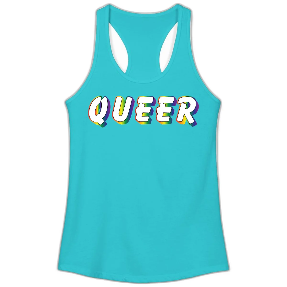 The word QUEER in large bold white letters with vibrant rainbow gradient fill and 3D orange outline effect on gray background in Solid Tahiti Blue