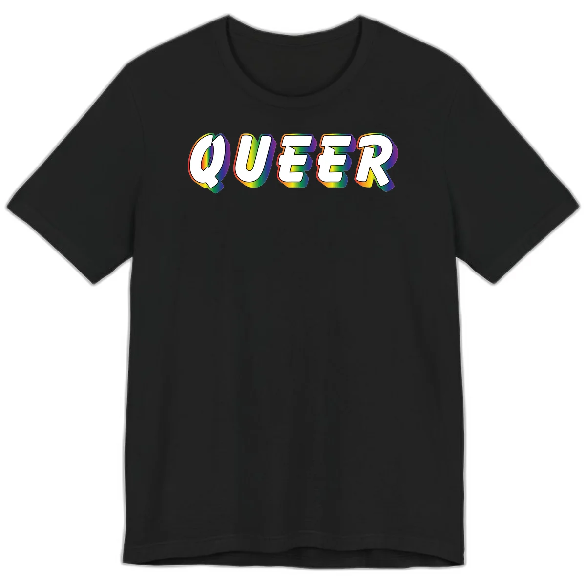 The word QUEER in large bold white letters with vibrant rainbow gradient fill and 3D orange outline effect on gray background in Black