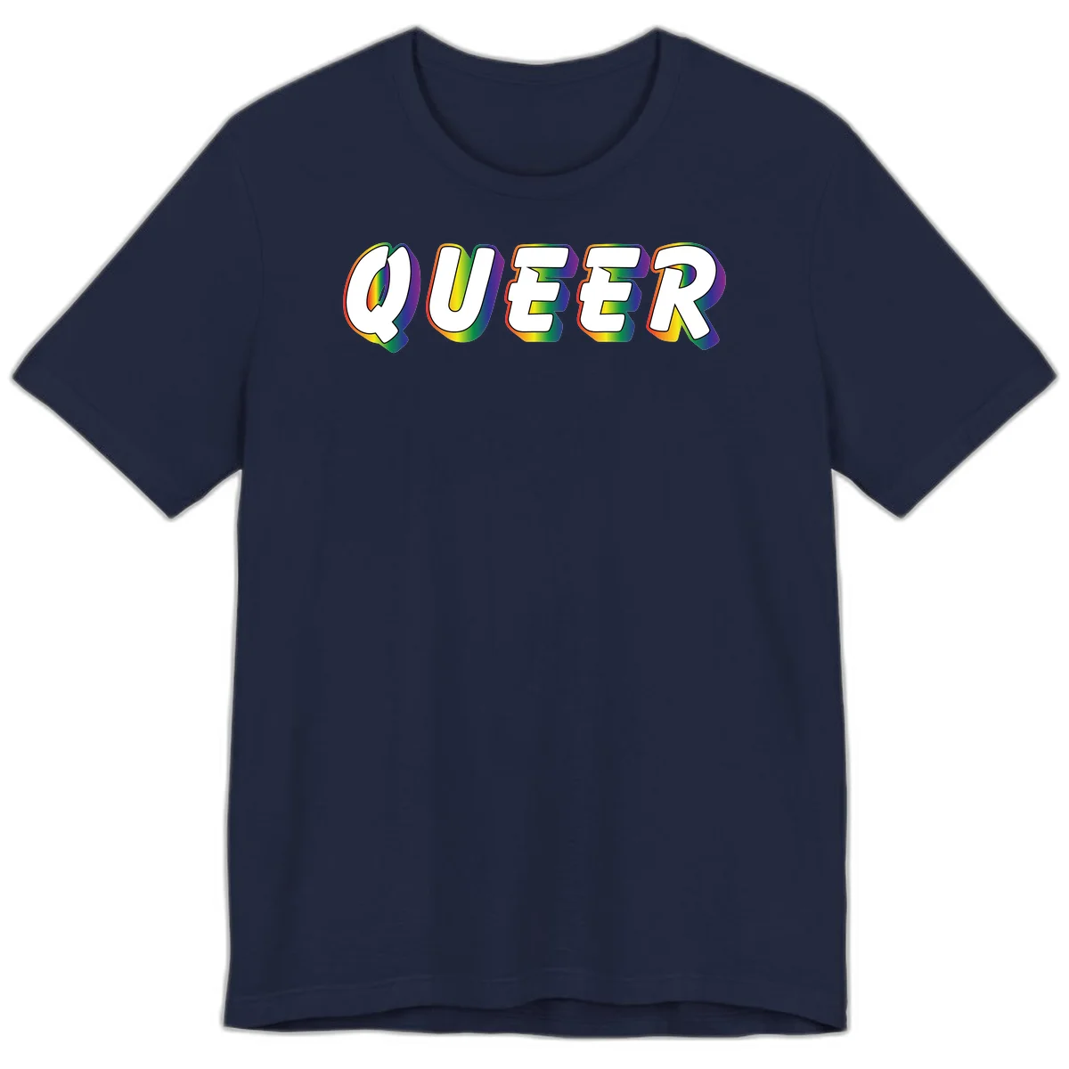 The word QUEER in large bold white letters with vibrant rainbow gradient fill and 3D orange outline effect on gray background in Navy