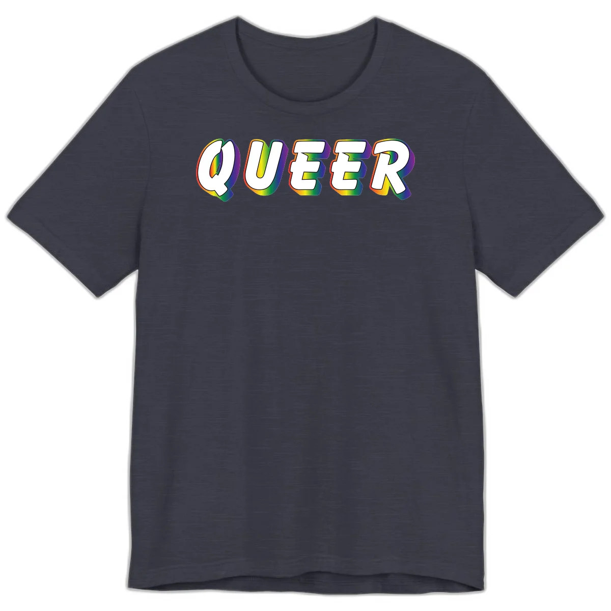 The word QUEER in large bold white letters with vibrant rainbow gradient fill and 3D orange outline effect on gray background in Heather Midnight Navy
