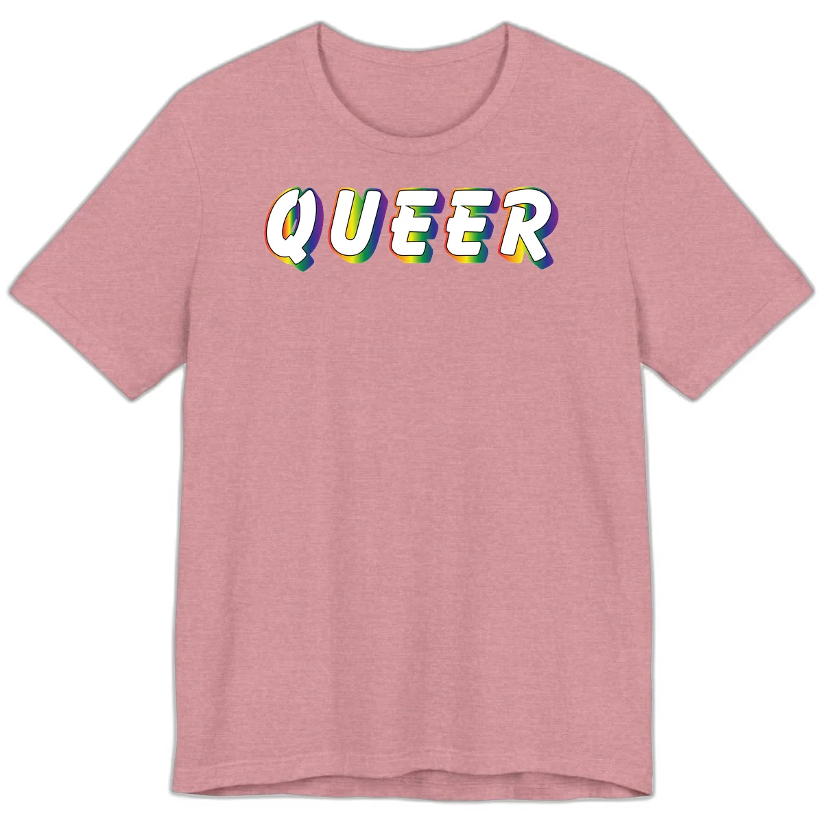The word QUEER in large bold white letters with vibrant rainbow gradient fill and 3D orange outline effect on gray background in Heather Orchid