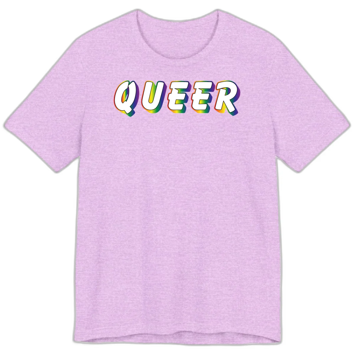 The word QUEER in large bold white letters with vibrant rainbow gradient fill and 3D orange outline effect on gray background in Heather Prism Lilac