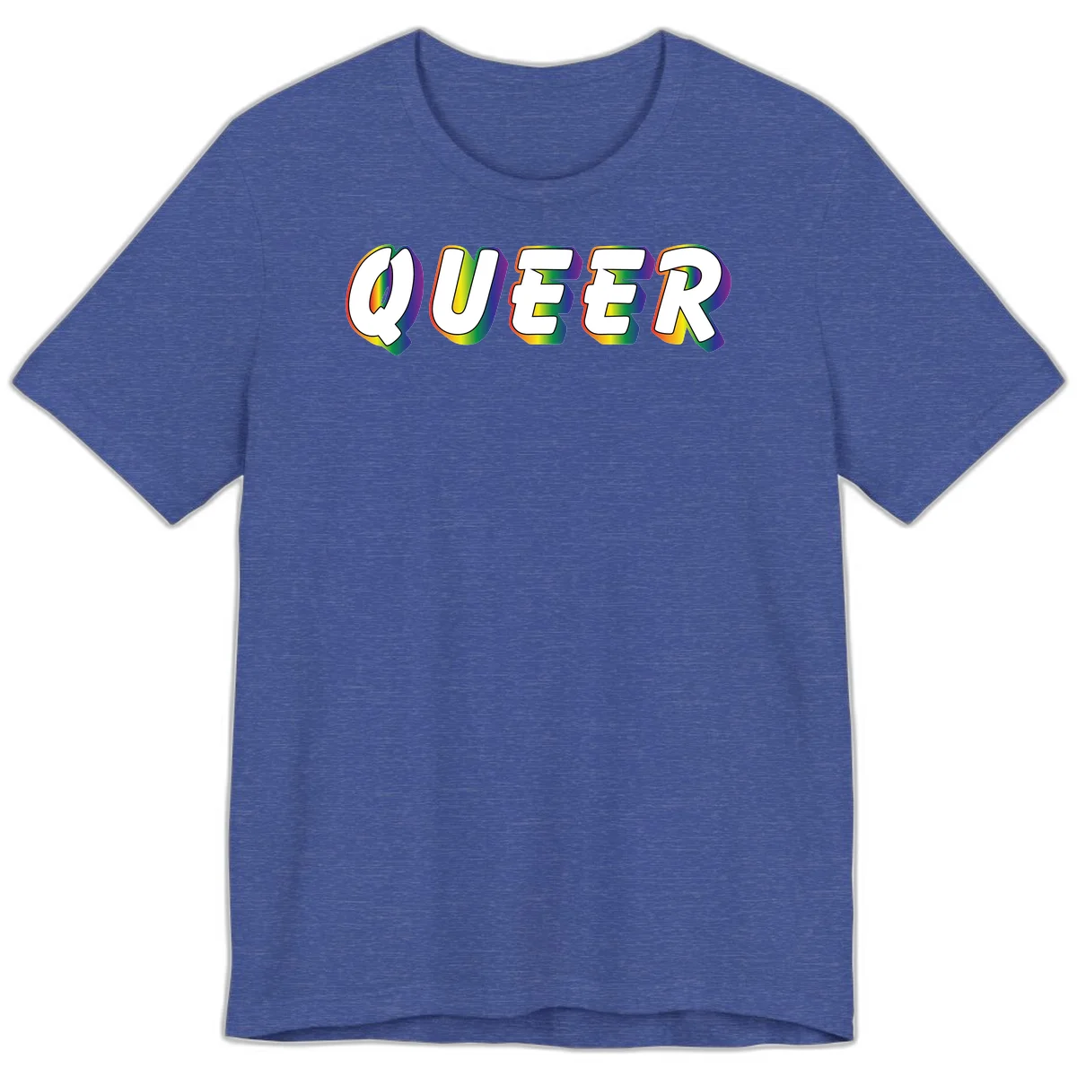 The word QUEER in large bold white letters with vibrant rainbow gradient fill and 3D orange outline effect on gray background in Heather True Royal