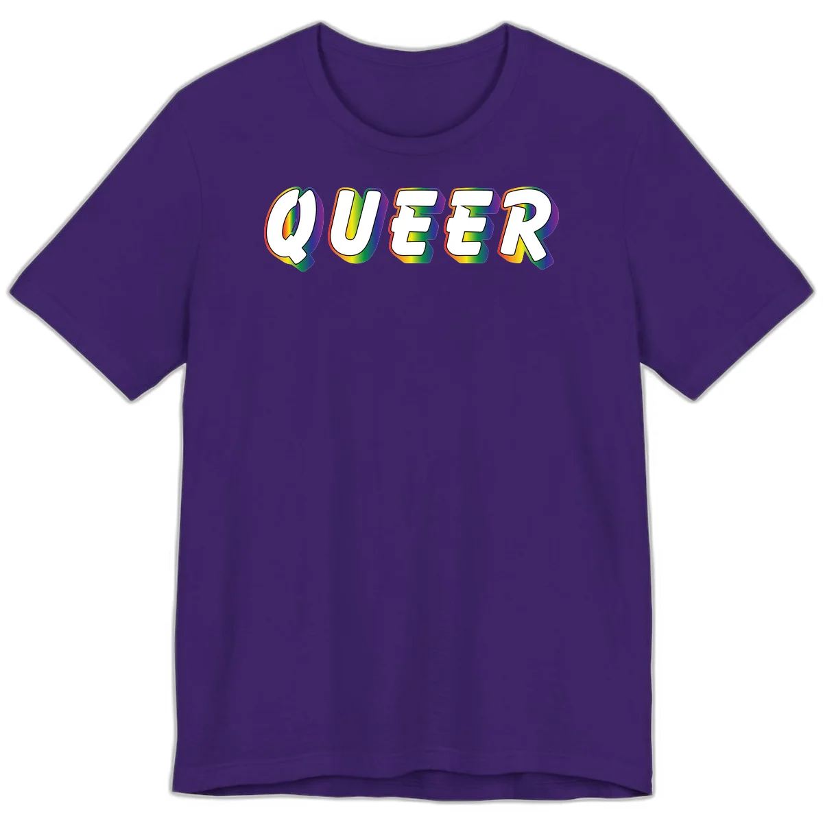 The word QUEER in large bold white letters with vibrant rainbow gradient fill and 3D orange outline effect on gray background in Team Purple
