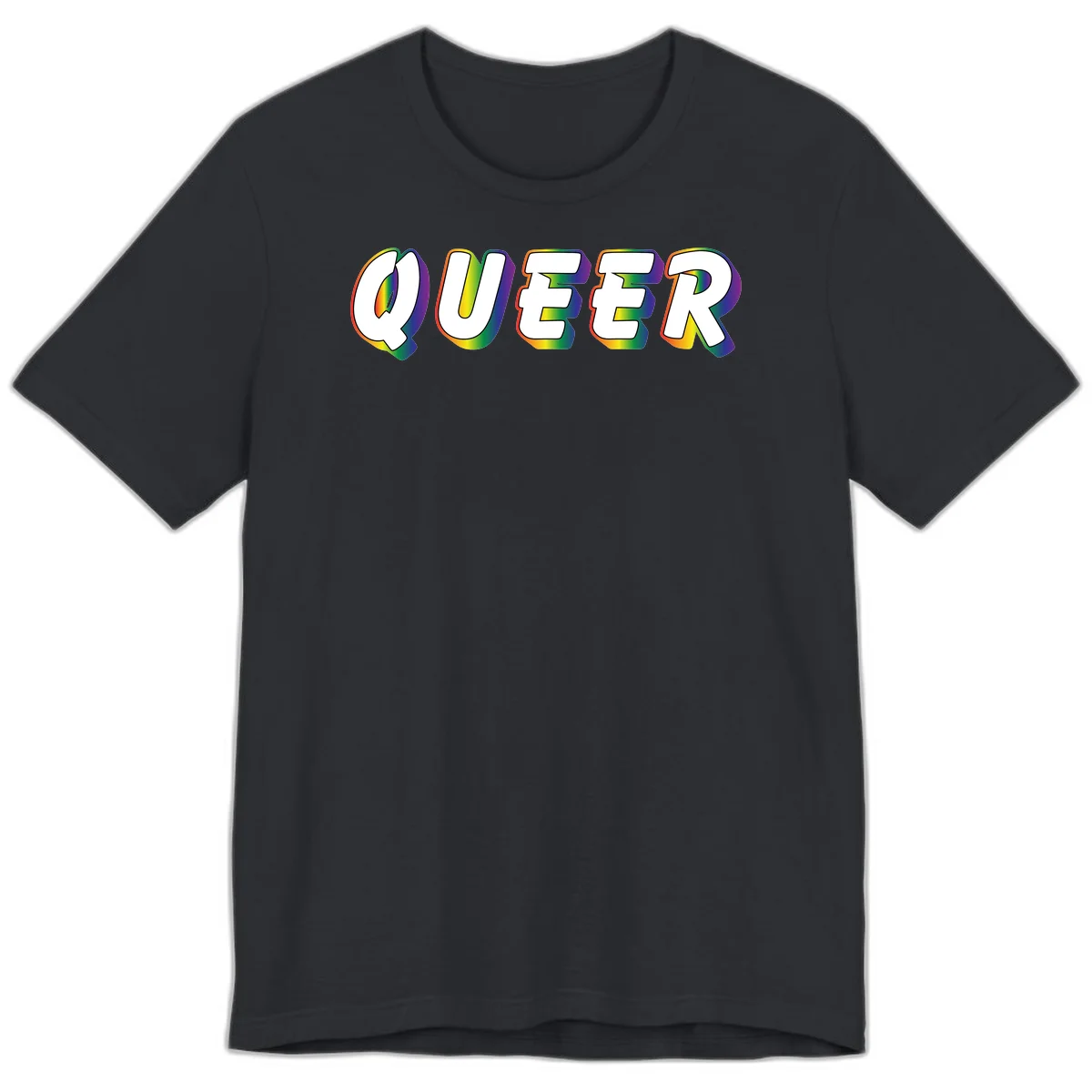 The word QUEER in large bold white letters with vibrant rainbow gradient fill and 3D orange outline effect on gray background in Vintage Black