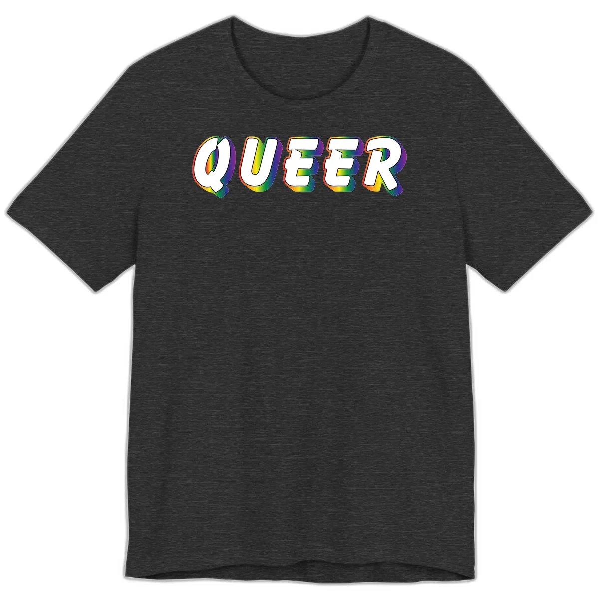 The word QUEER in large bold white letters with vibrant rainbow gradient fill and 3D orange outline effect on gray background in Dark Grey Heather