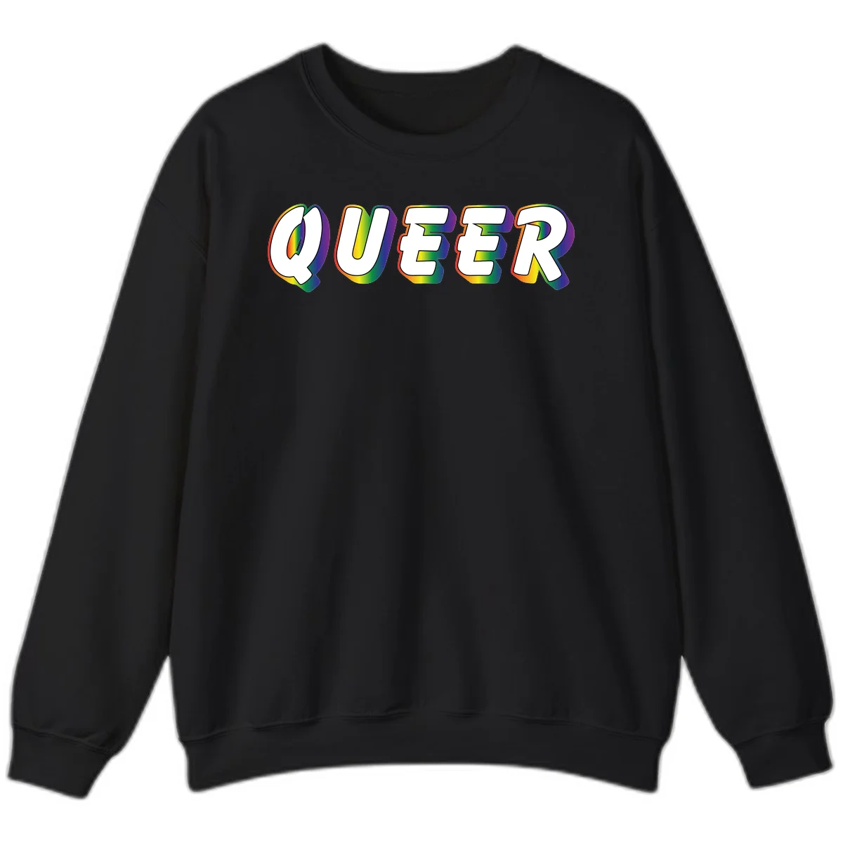 The word QUEER in large bold white letters with vibrant rainbow gradient fill and 3D orange outline effect on gray background in Black
