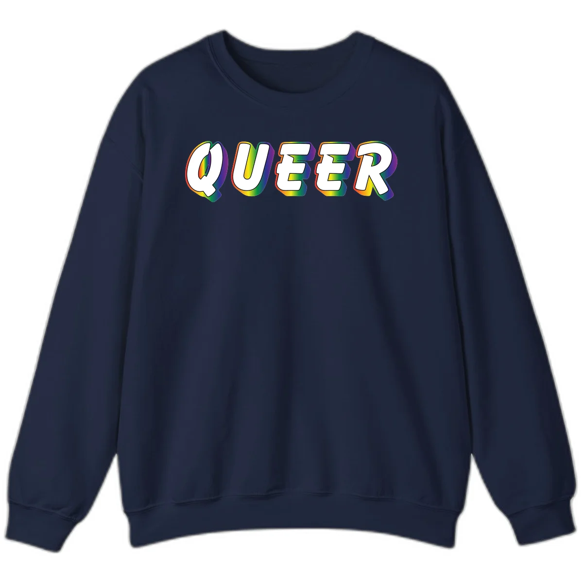 The word QUEER in large bold white letters with vibrant rainbow gradient fill and 3D orange outline effect on gray background in Navy