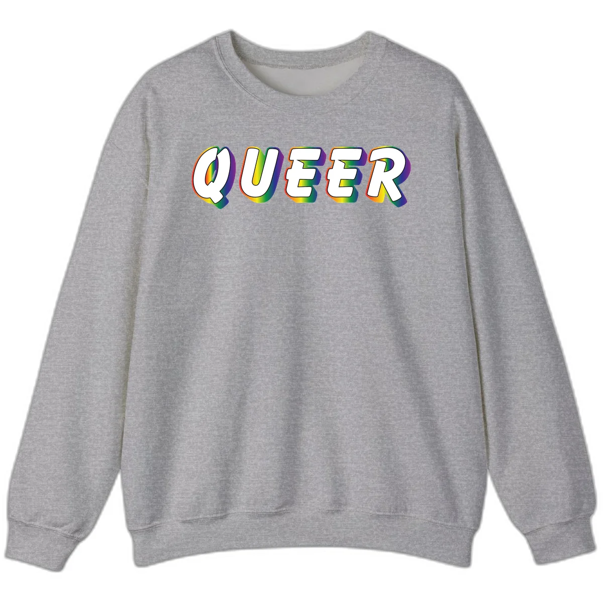 The word QUEER in large bold white letters with vibrant rainbow gradient fill and 3D orange outline effect on gray background in Sport Grey