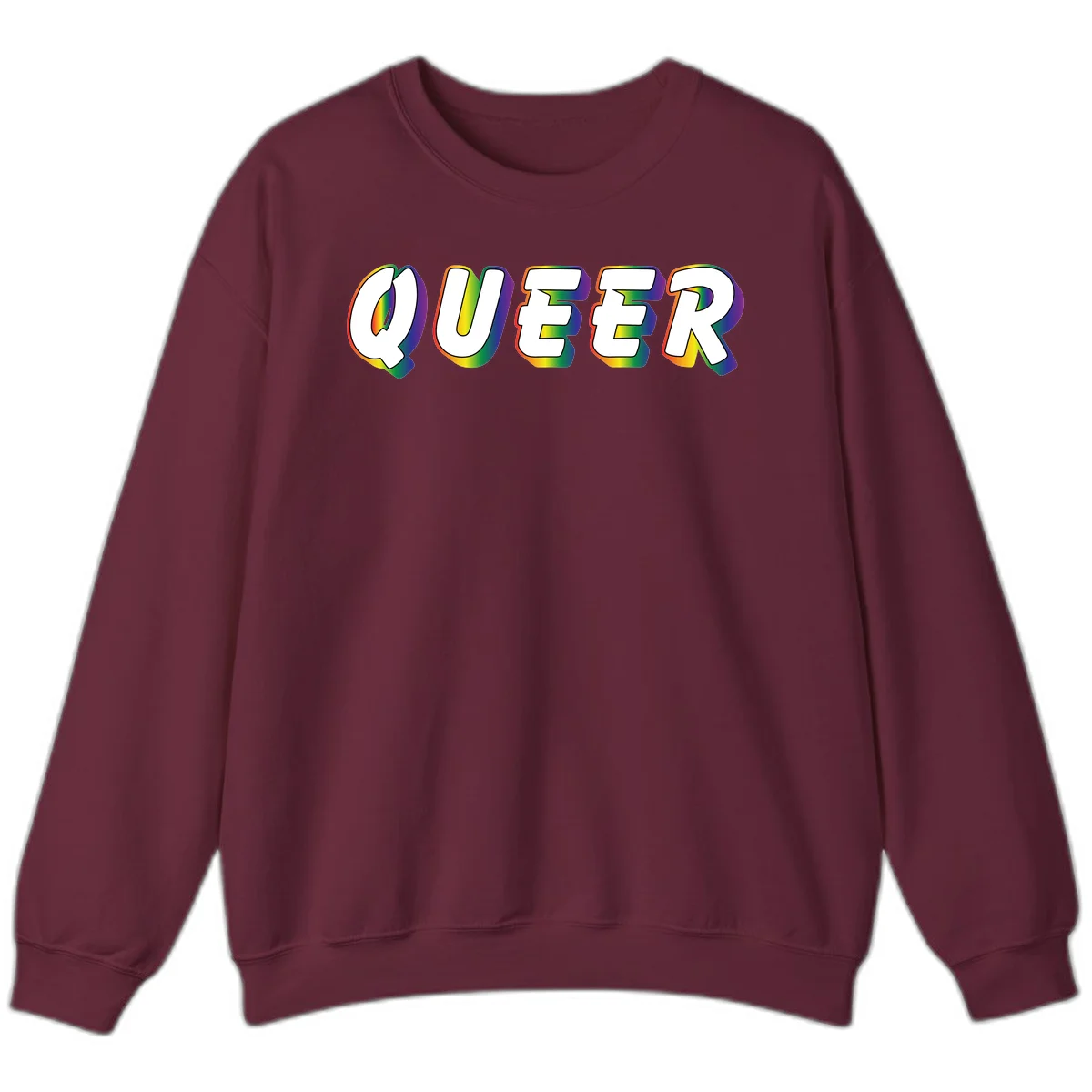 The word QUEER in large bold white letters with vibrant rainbow gradient fill and 3D orange outline effect on gray background in Maroon