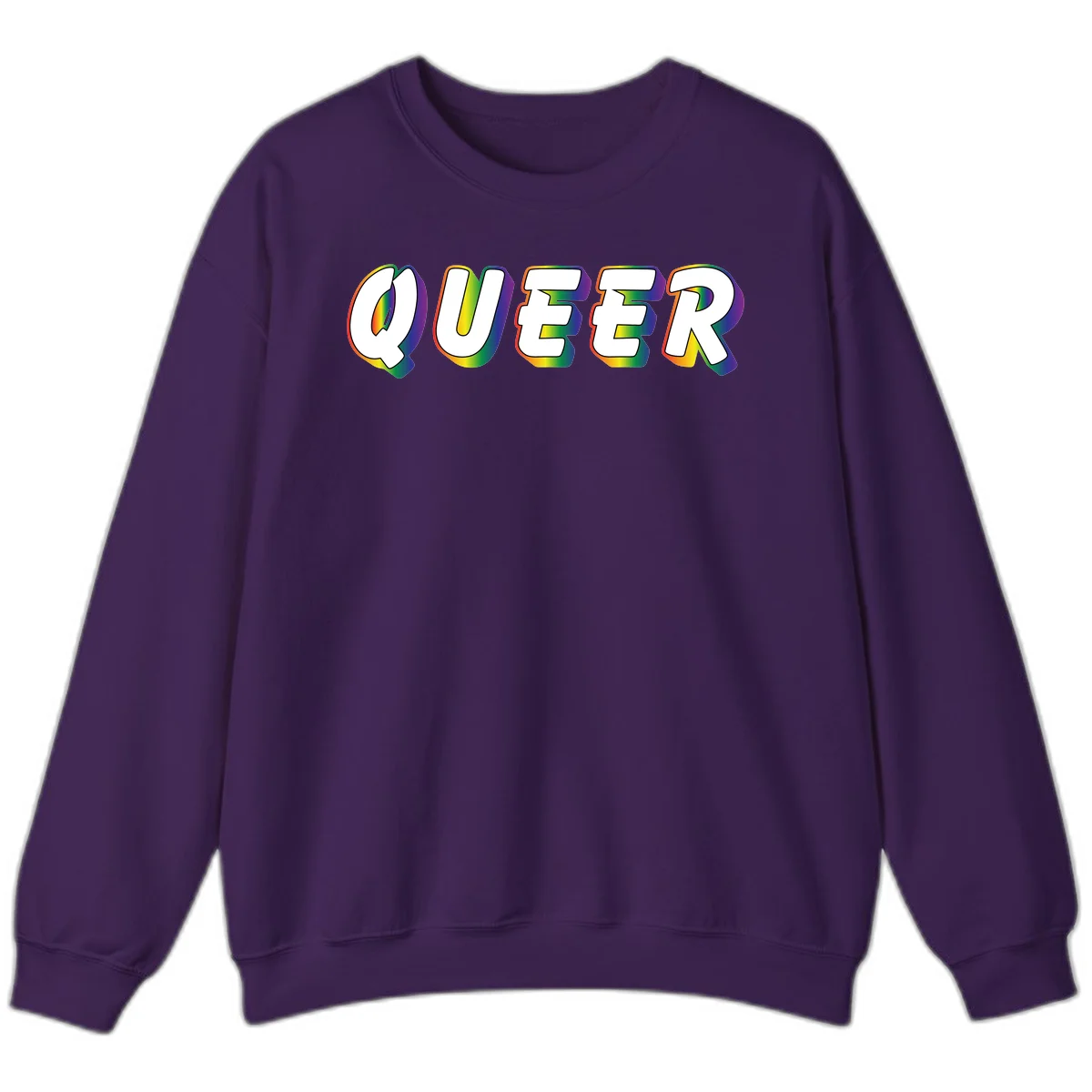 The word QUEER in large bold white letters with vibrant rainbow gradient fill and 3D orange outline effect on gray background in Purple