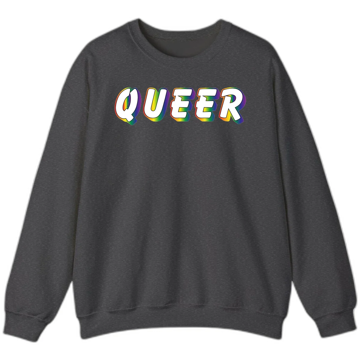 The word QUEER in large bold white letters with vibrant rainbow gradient fill and 3D orange outline effect on gray background in Dark Heather