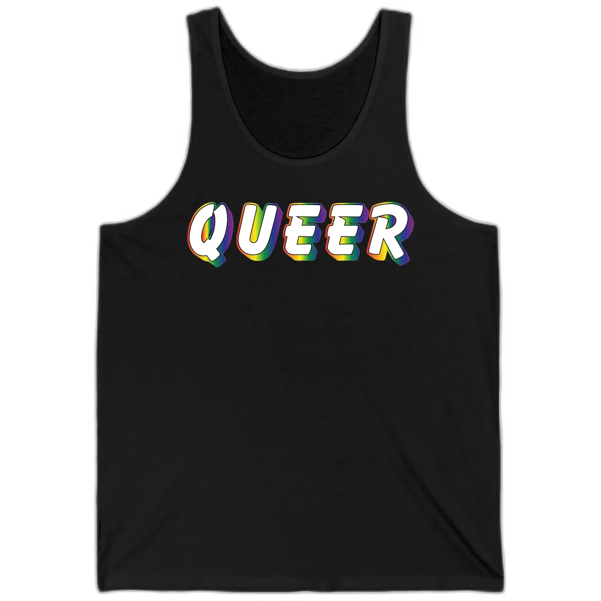 The word QUEER in large bold white letters with vibrant rainbow gradient fill and 3D orange outline effect on gray background in Black