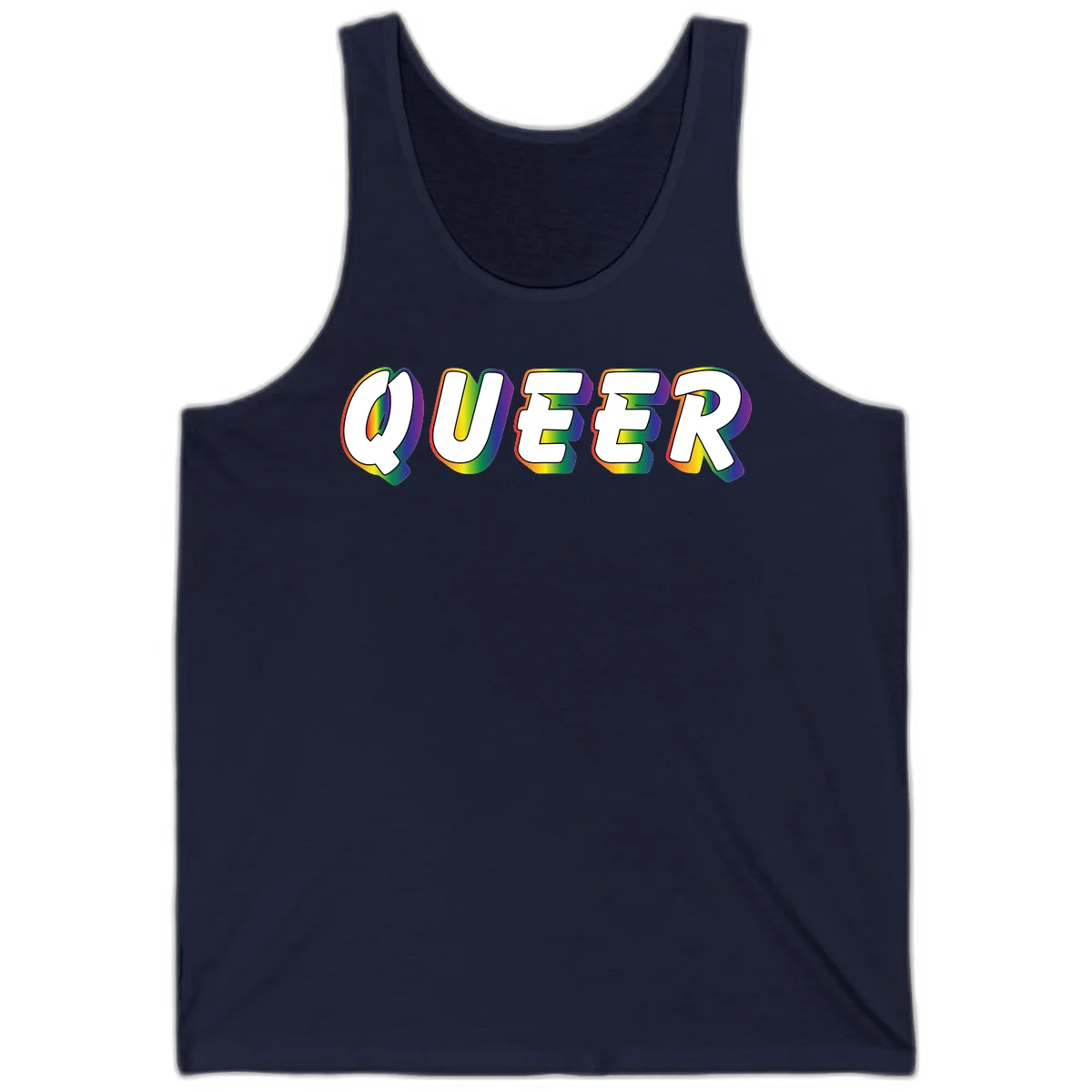 The word QUEER in large bold white letters with vibrant rainbow gradient fill and 3D orange outline effect on gray background in Navy