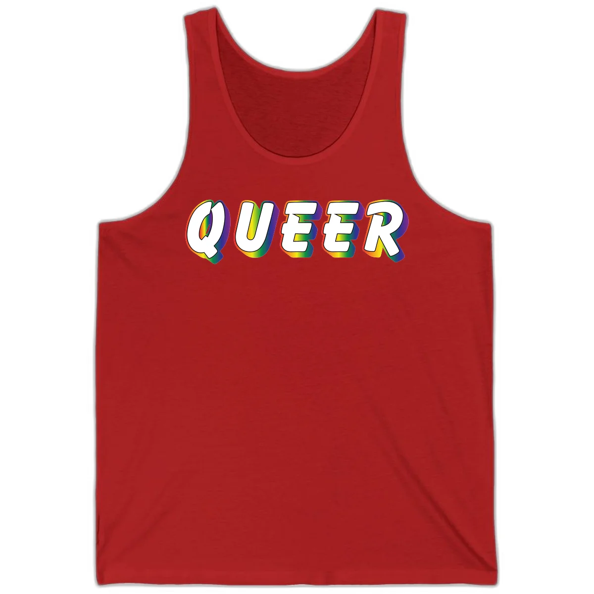 The word QUEER in large bold white letters with vibrant rainbow gradient fill and 3D orange outline effect on gray background in Red