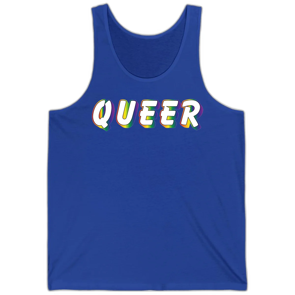 The word QUEER in large bold white letters with vibrant rainbow gradient fill and 3D orange outline effect on gray background in True Royal