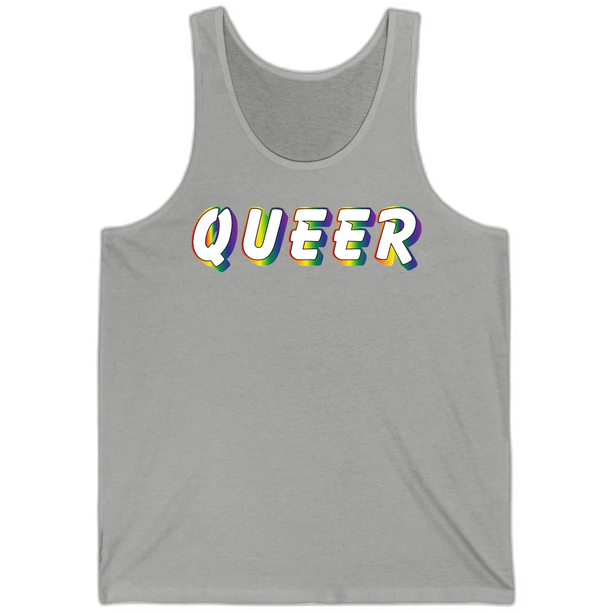 The word QUEER in large bold white letters with vibrant rainbow gradient fill and 3D orange outline effect on gray background in Athletic Heather