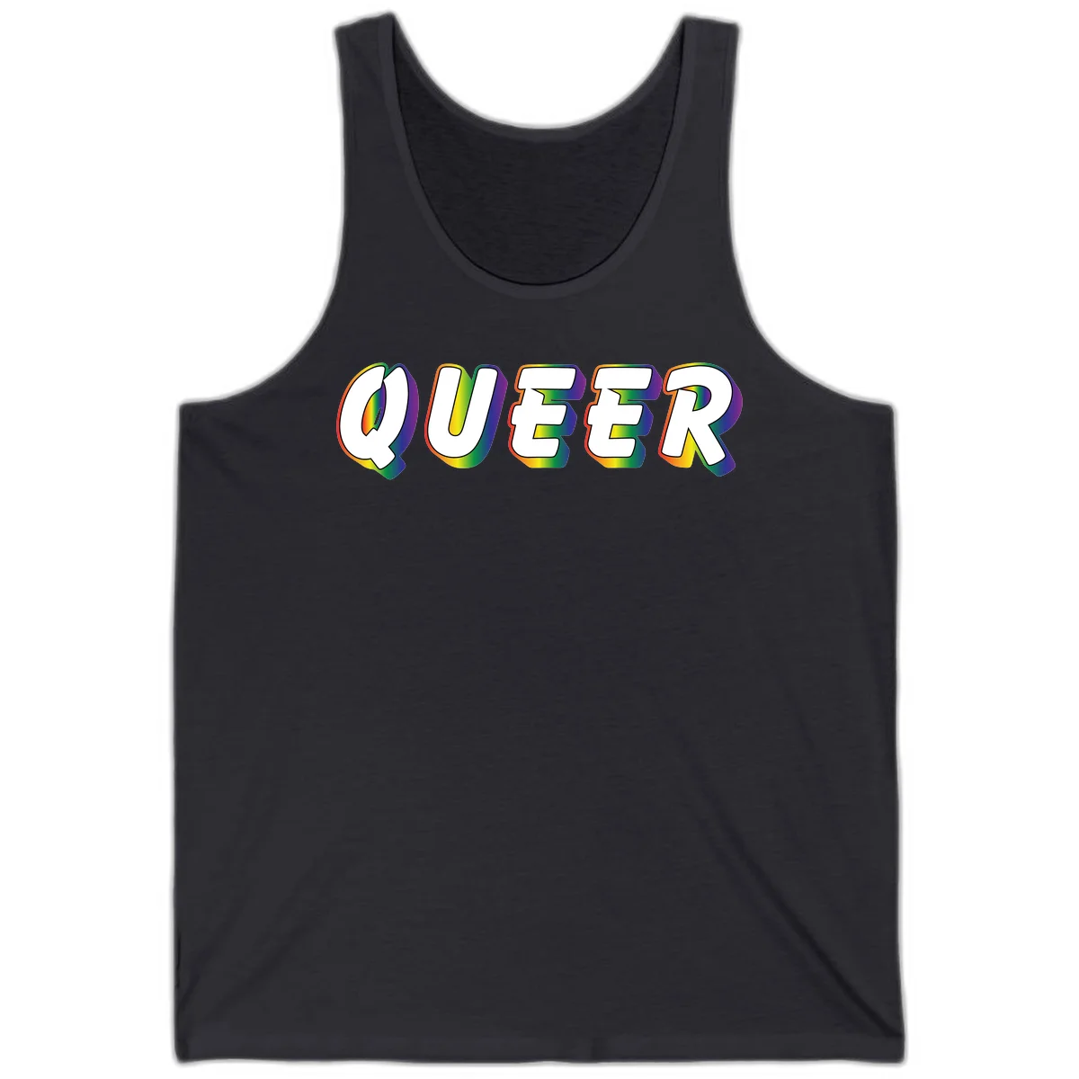 The word QUEER in large bold white letters with vibrant rainbow gradient fill and 3D orange outline effect on gray background in Dark Grey