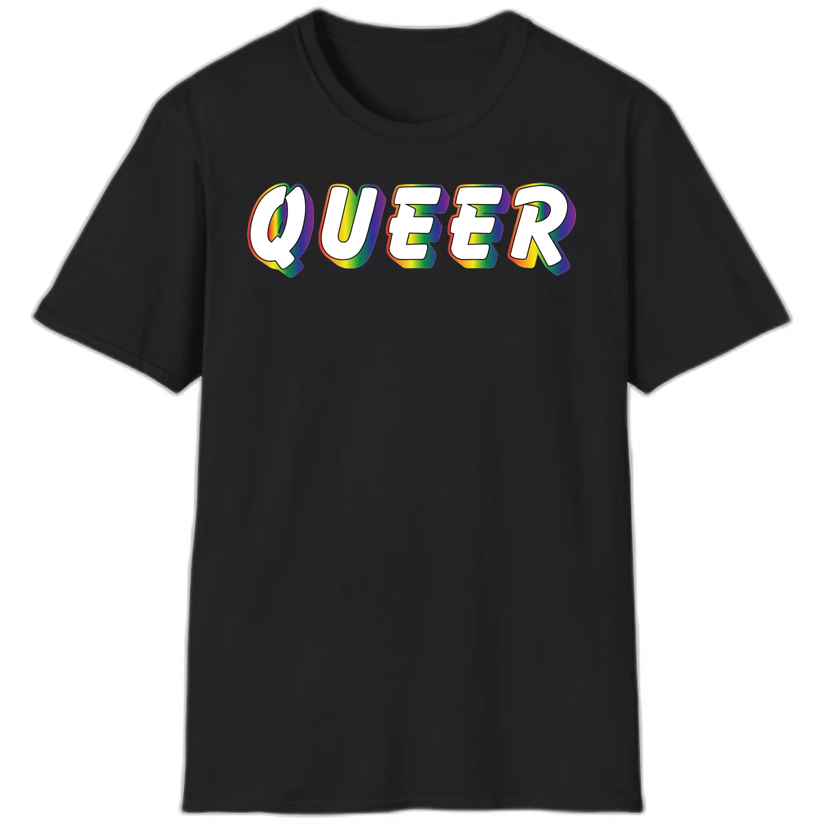 The word QUEER in large bold white letters with vibrant rainbow gradient fill and 3D orange outline effect on gray background in Black