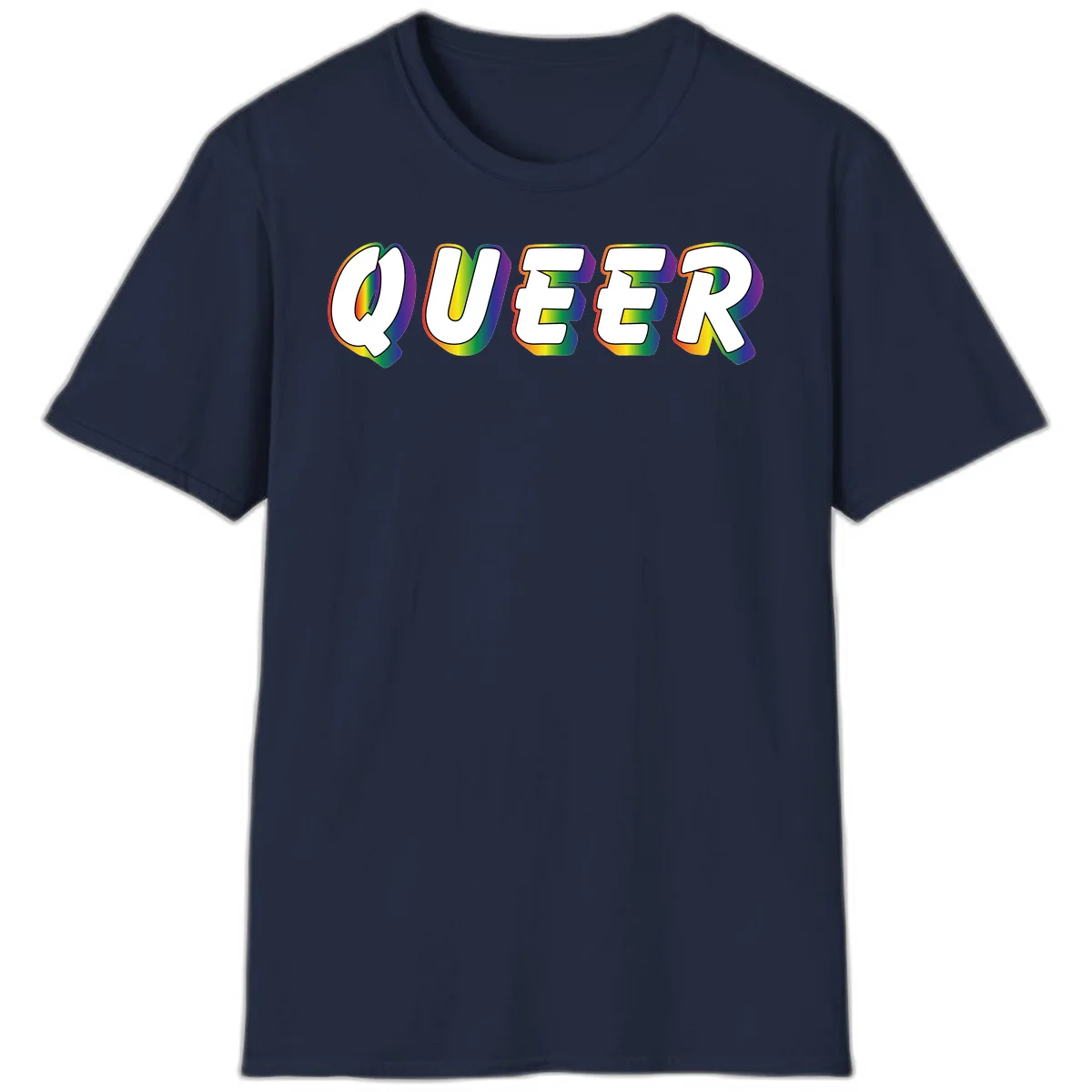 The word QUEER in large bold white letters with vibrant rainbow gradient fill and 3D orange outline effect on gray background in Navy