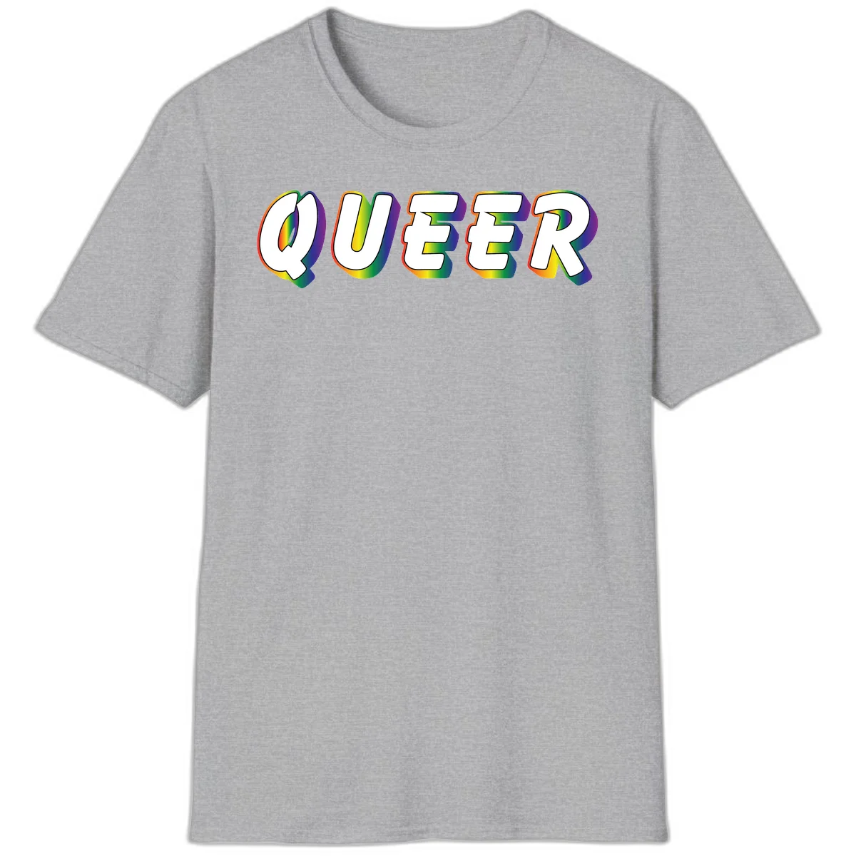 The word QUEER in large bold white letters with vibrant rainbow gradient fill and 3D orange outline effect on gray background in Sport Grey