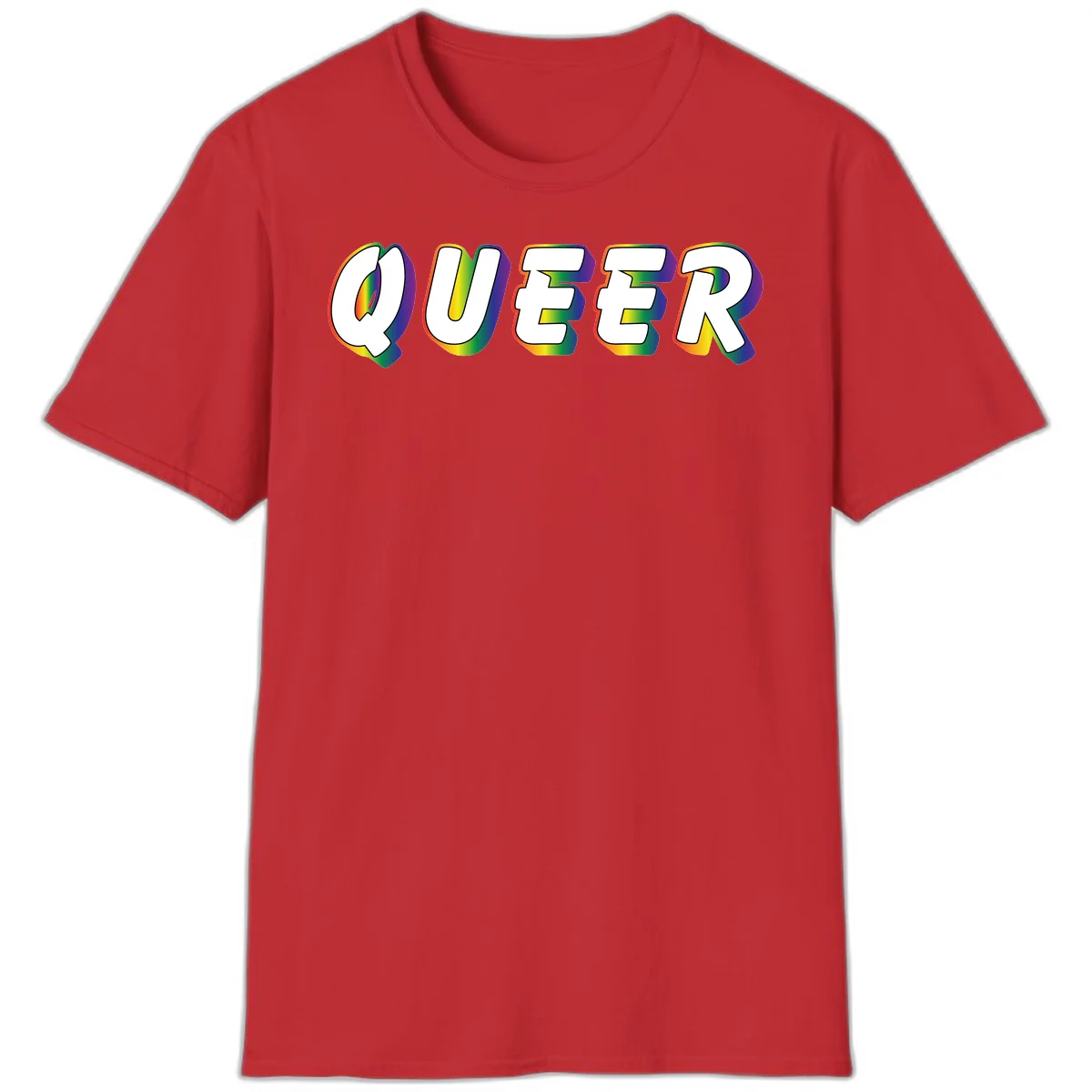 The word QUEER in large bold white letters with vibrant rainbow gradient fill and 3D orange outline effect on gray background in Red