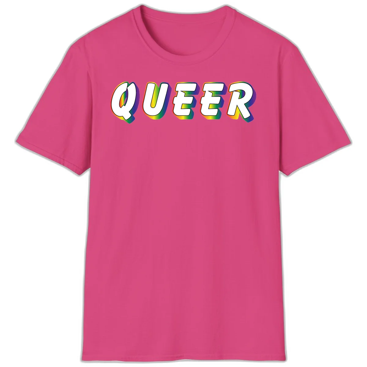 The word QUEER in large bold white letters with vibrant rainbow gradient fill and 3D orange outline effect on gray background in Heliconia