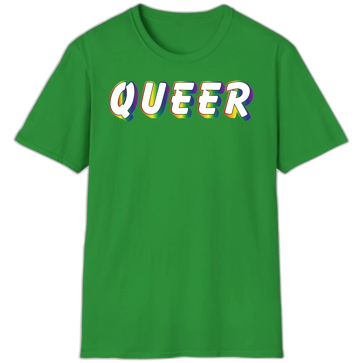 The word QUEER in large bold white letters with vibrant rainbow gradient fill and 3D orange outline effect on gray background in Irish Green