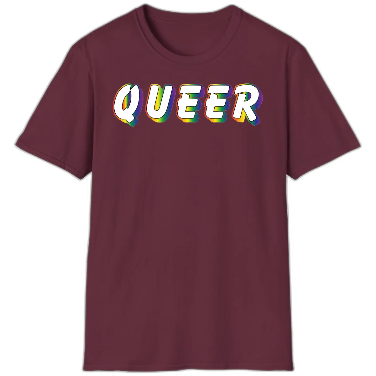 The word QUEER in large bold white letters with vibrant rainbow gradient fill and 3D orange outline effect on gray background in Maroon