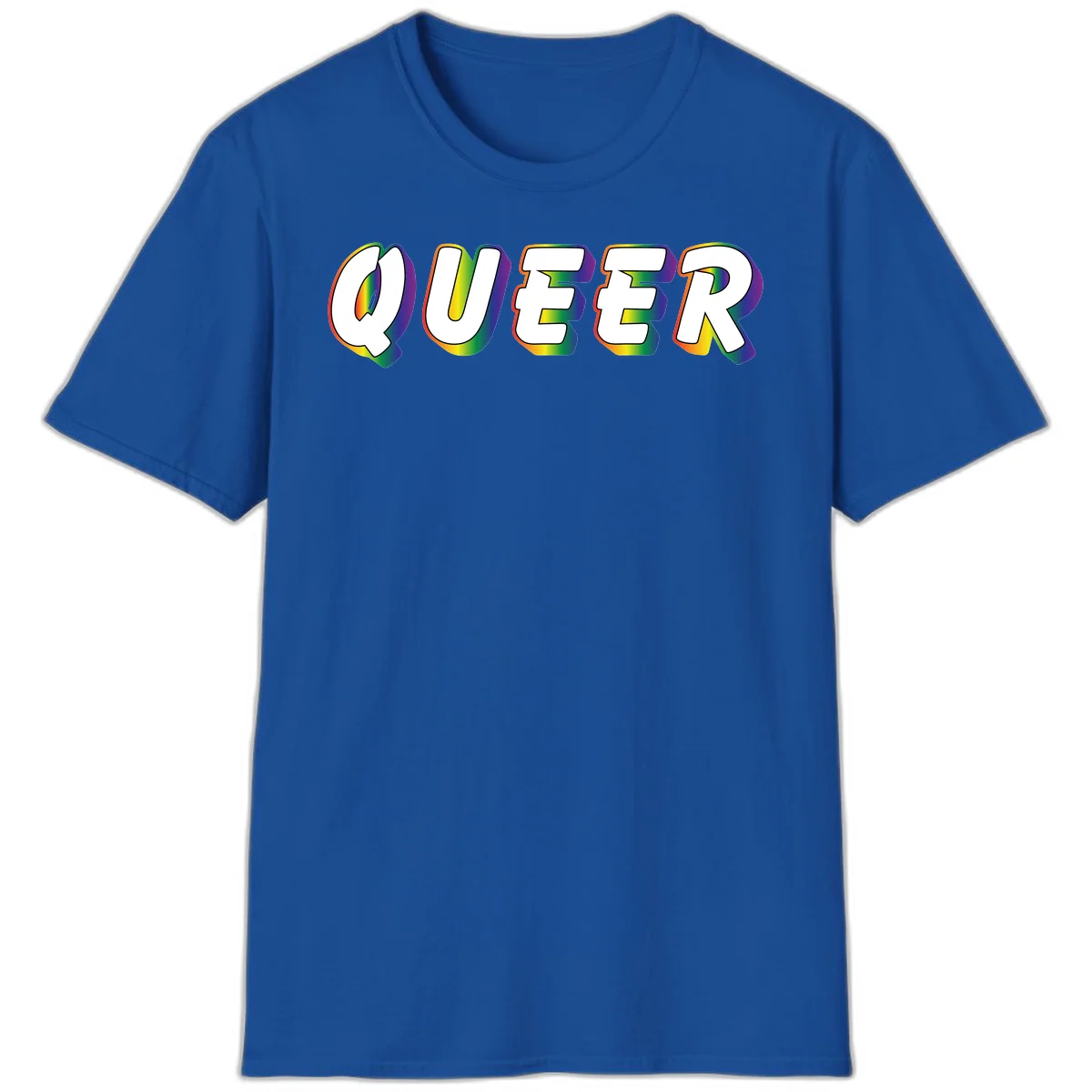 The word QUEER in large bold white letters with vibrant rainbow gradient fill and 3D orange outline effect on gray background in Royal