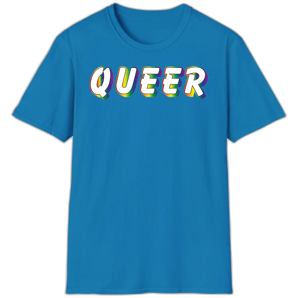 The word QUEER in large bold white letters with vibrant rainbow gradient fill and 3D orange outline effect on gray background in Sapphire