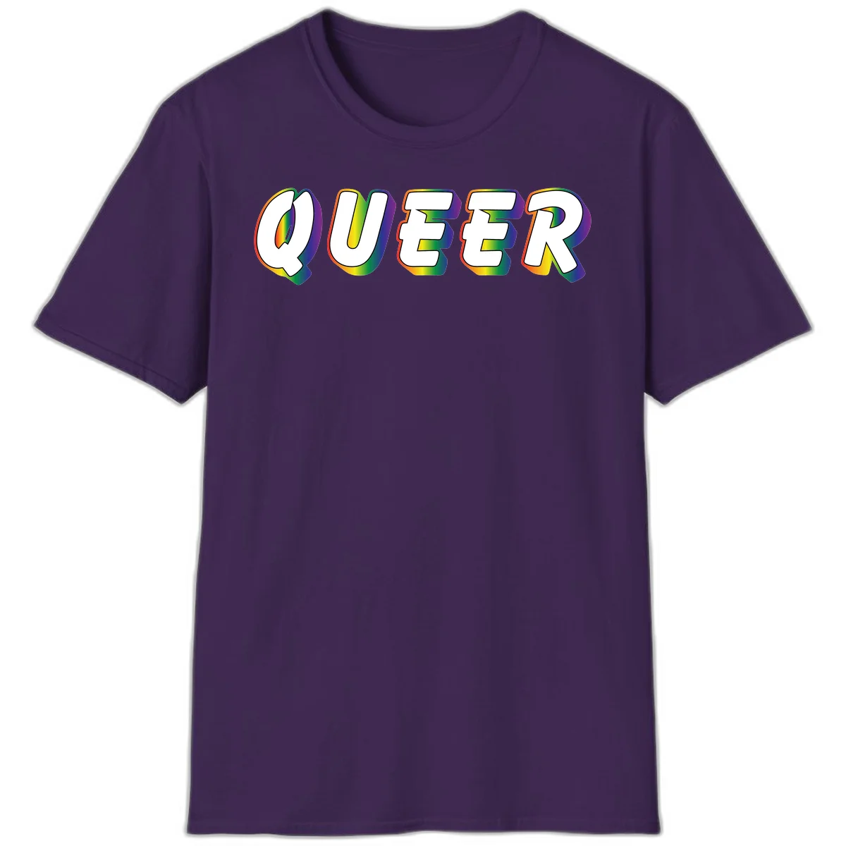 The word QUEER in large bold white letters with vibrant rainbow gradient fill and 3D orange outline effect on gray background in Purple