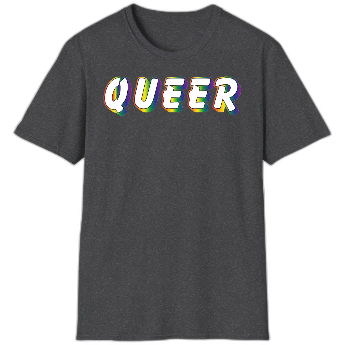 The word QUEER in large bold white letters with vibrant rainbow gradient fill and 3D orange outline effect on gray background in Dark Heather