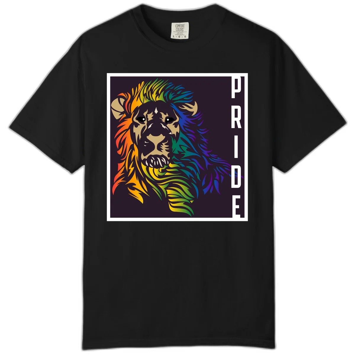 Rainbow pride lion with vibrant gradient mane in orange, yellow, green, blue and purple, with PRIDE text on dark background in Black