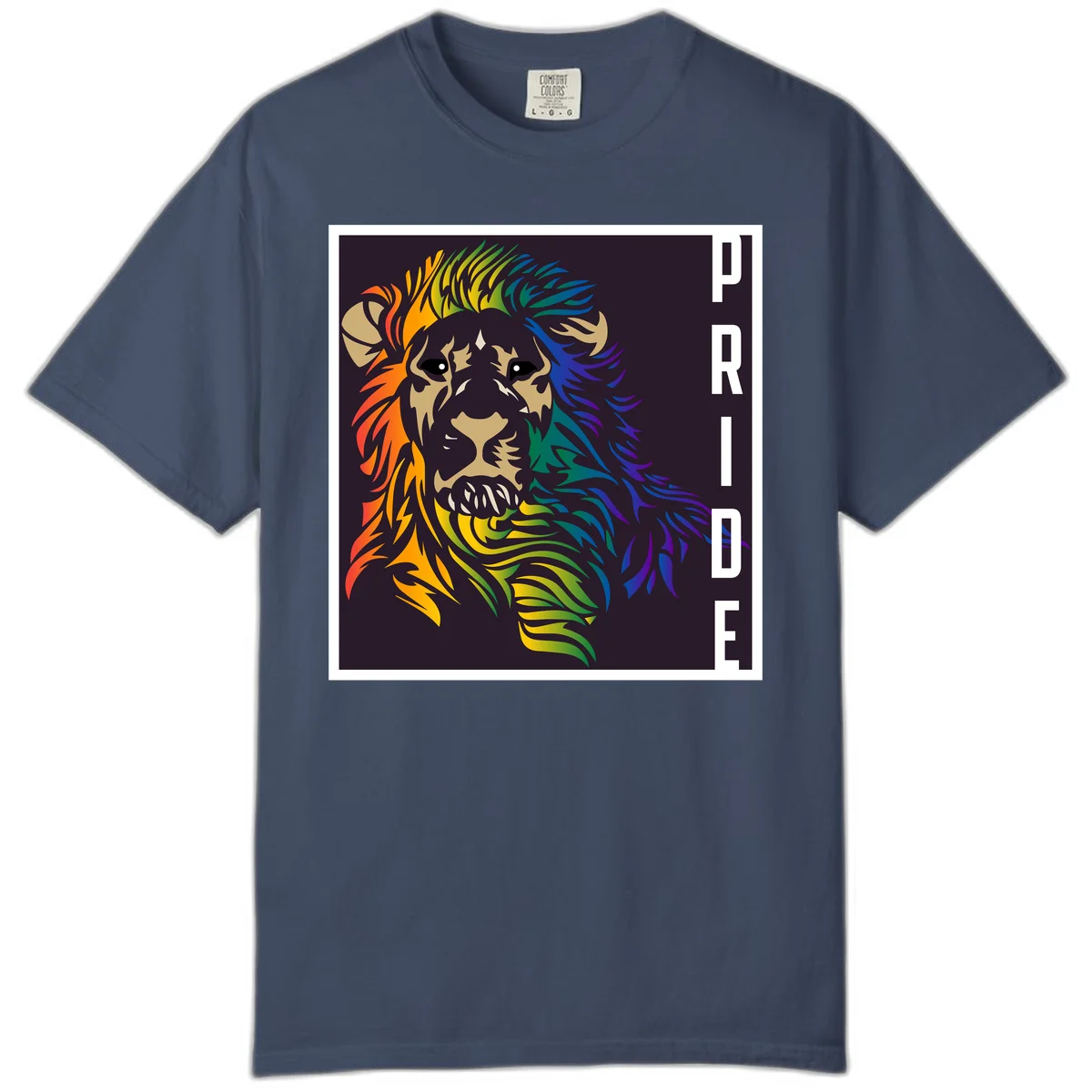 Rainbow pride lion with vibrant gradient mane in orange, yellow, green, blue and purple, with PRIDE text on dark background in Midnight