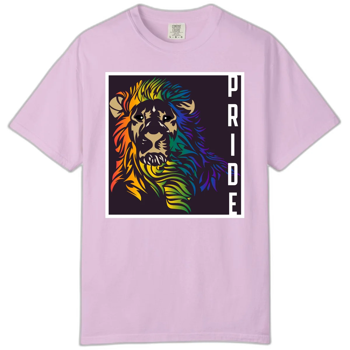 Rainbow pride lion with vibrant gradient mane in orange, yellow, green, blue and purple, with PRIDE text on dark background in Orchid