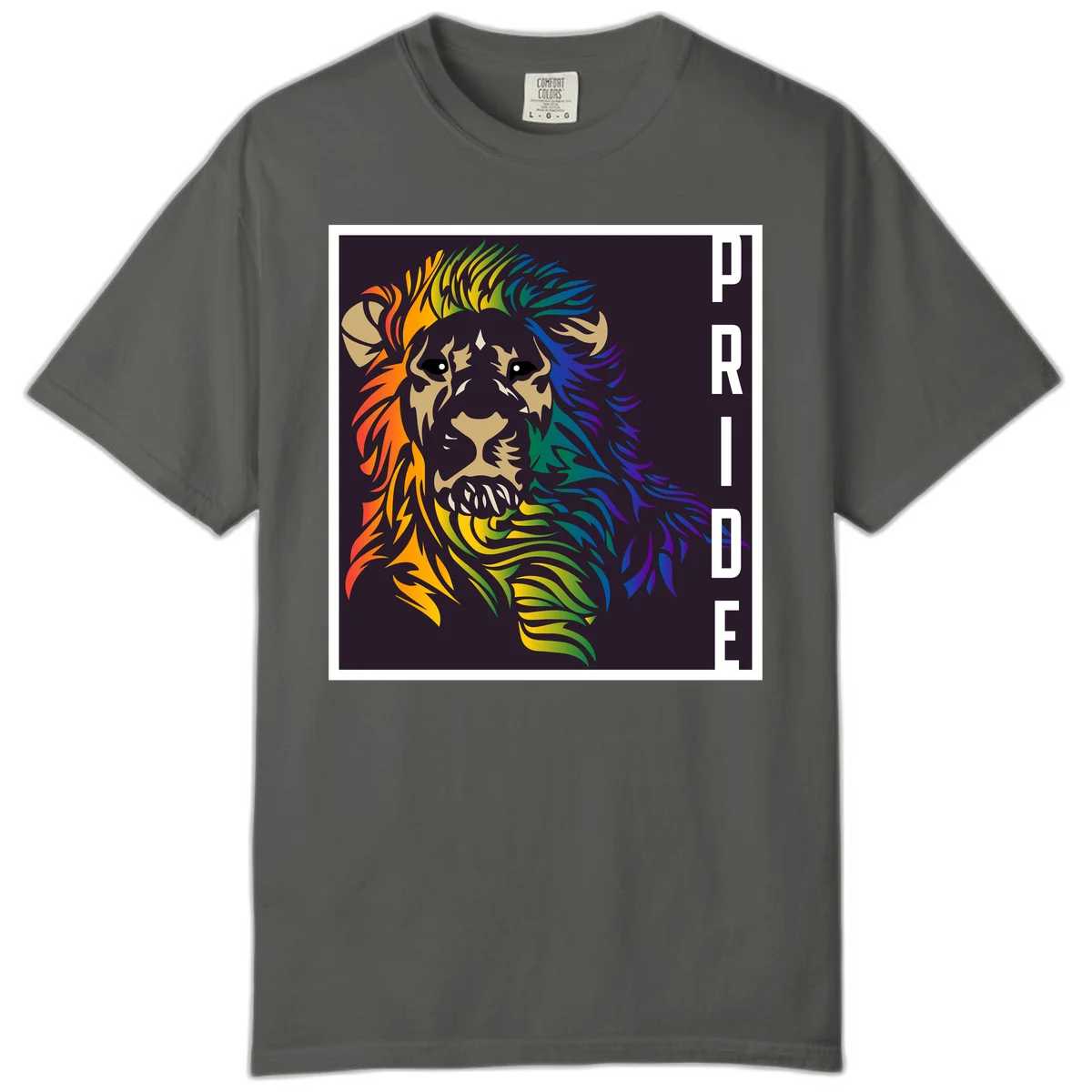 Rainbow pride lion with vibrant gradient mane in orange, yellow, green, blue and purple, with PRIDE text on dark background in Pepper