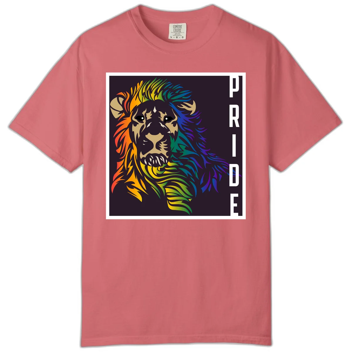 Rainbow pride lion with vibrant gradient mane in orange, yellow, green, blue and purple, with PRIDE text on dark background in Watermelon