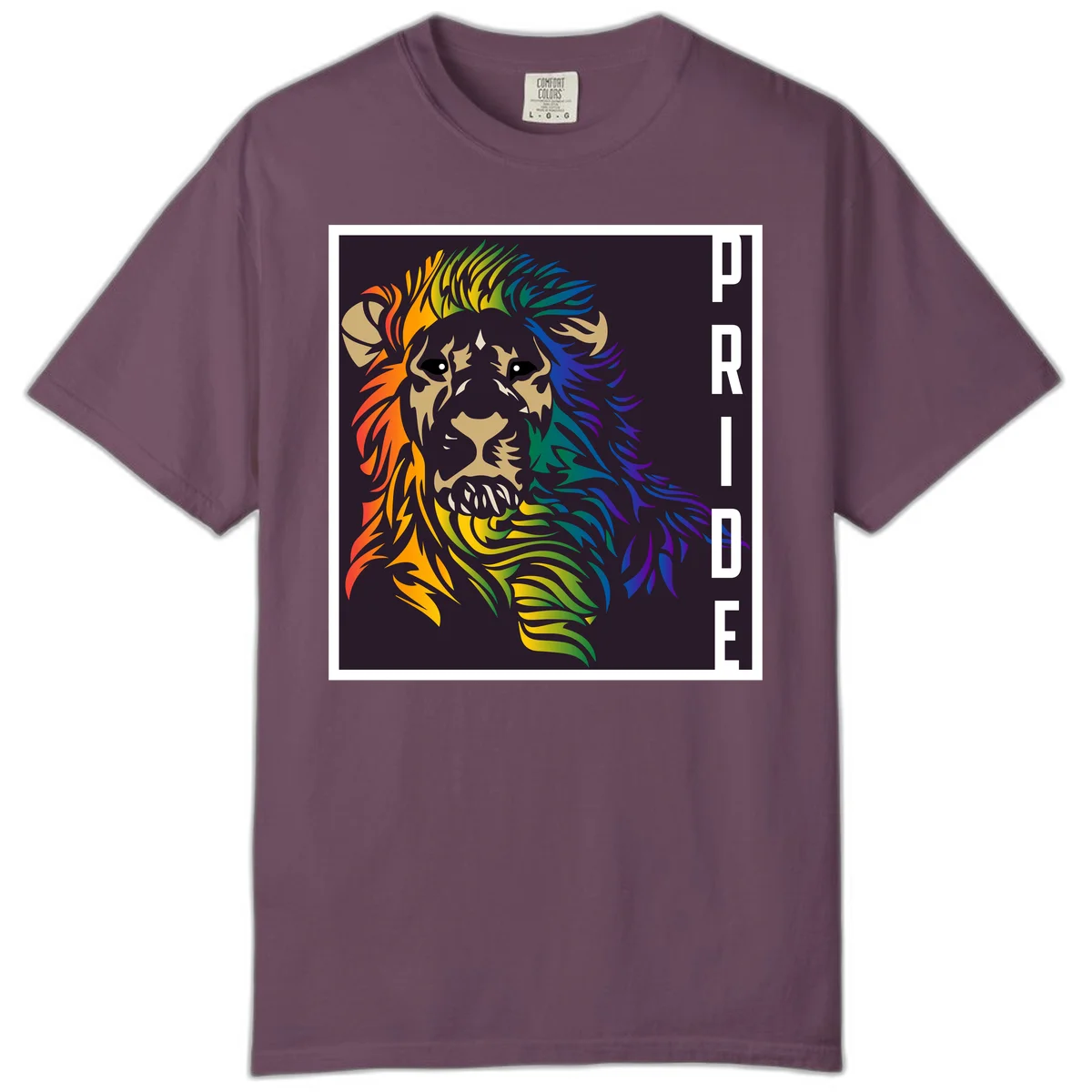 Rainbow pride lion with vibrant gradient mane in orange, yellow, green, blue and purple, with PRIDE text on dark background in Berry