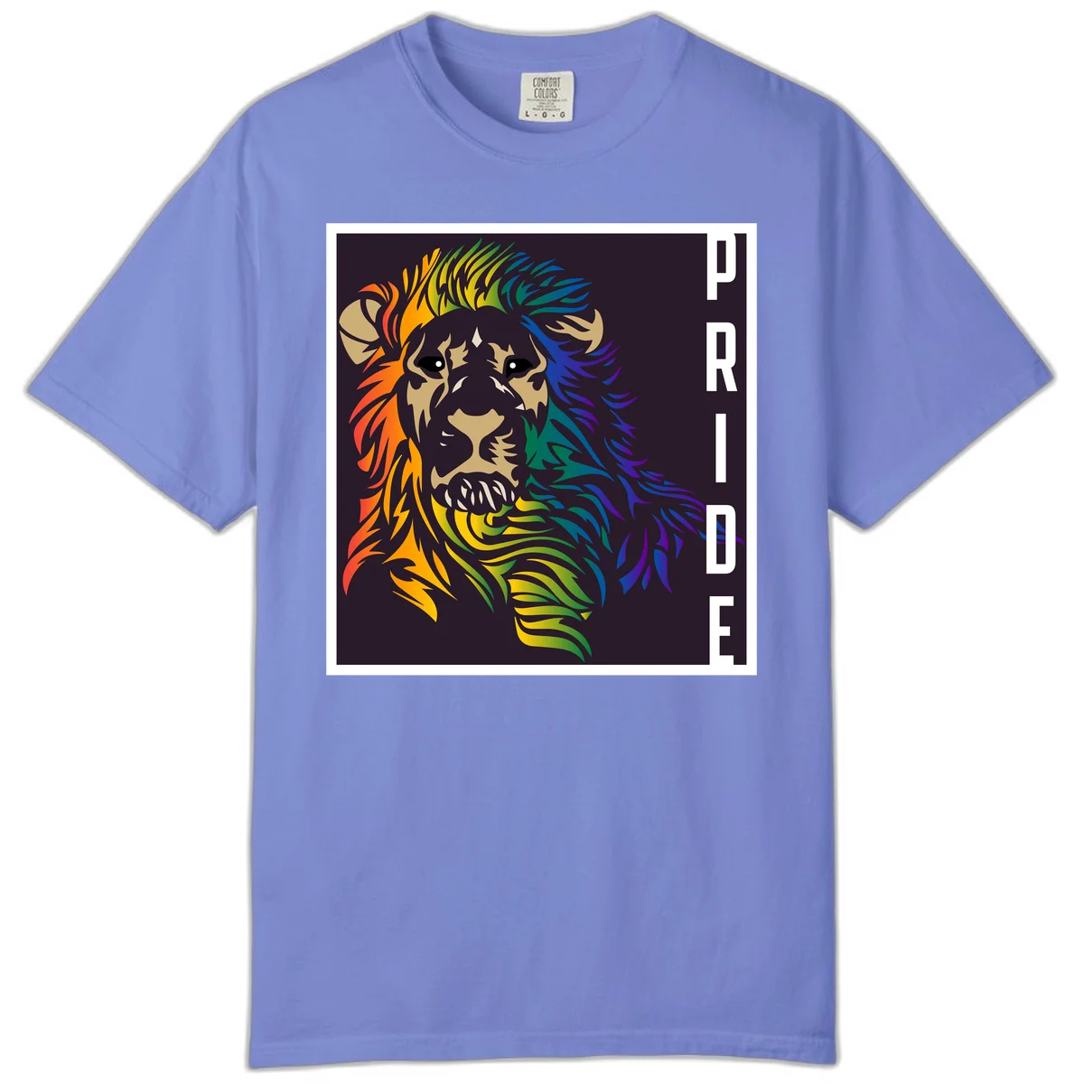 Rainbow pride lion with vibrant gradient mane in orange, yellow, green, blue and purple, with PRIDE text on dark background in Flo Blue