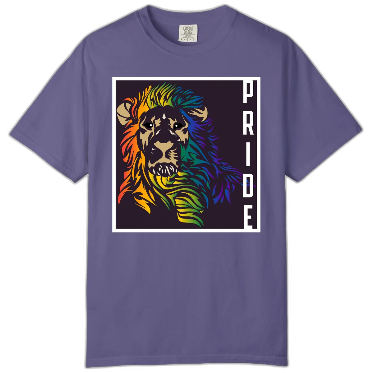 Rainbow pride lion with vibrant gradient mane in orange, yellow, green, blue and purple, with PRIDE text on dark background in Grape