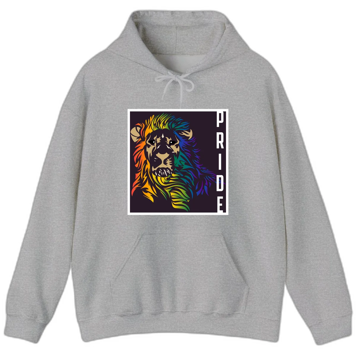 Rainbow pride lion with vibrant gradient mane in orange, yellow, green, blue and purple, with PRIDE text on dark background in Sport Grey