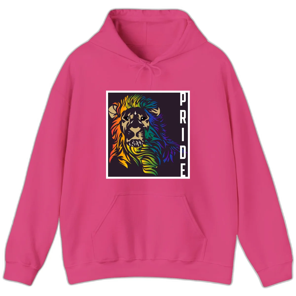 Rainbow pride lion with vibrant gradient mane in orange, yellow, green, blue and purple, with PRIDE text on dark background in Heliconia