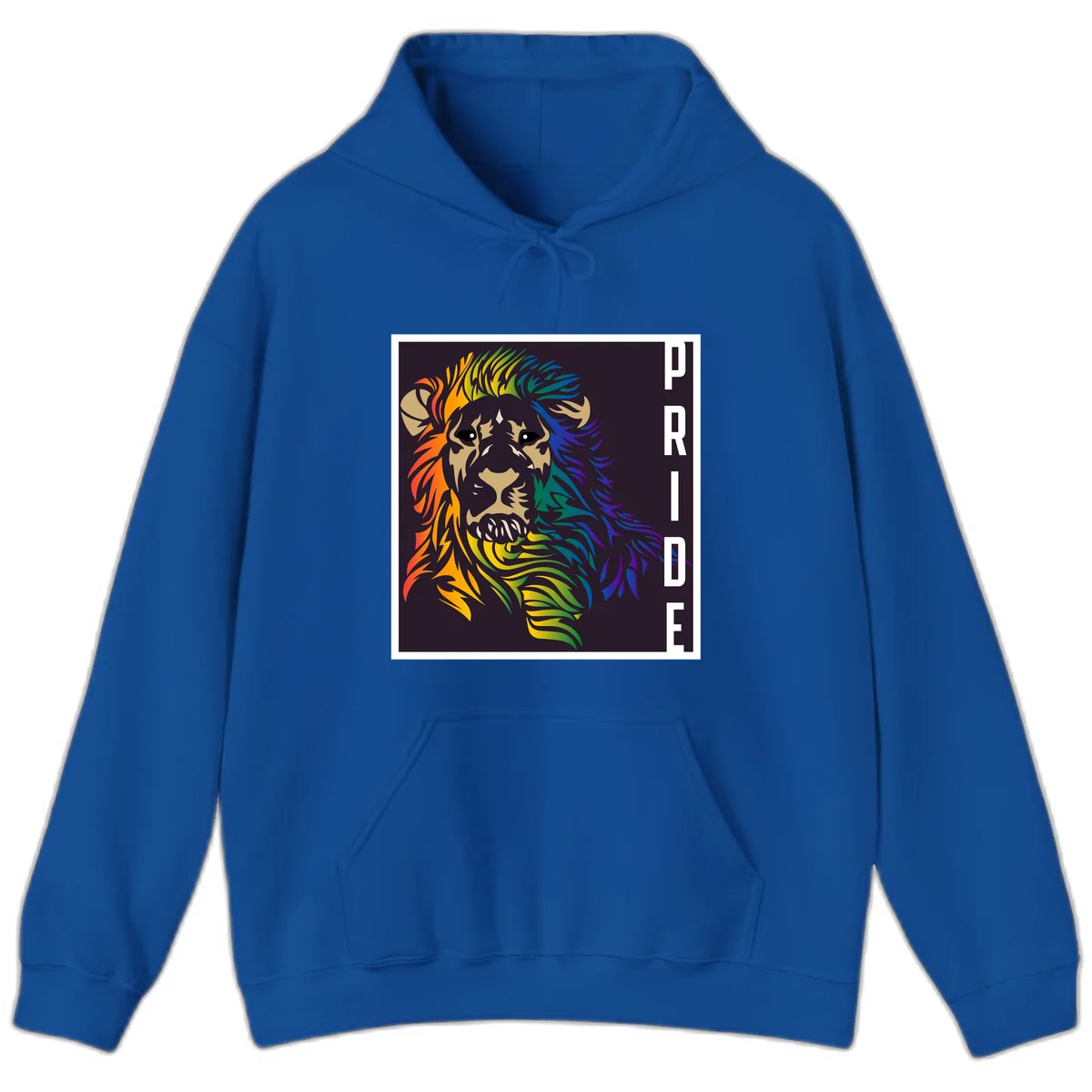 Rainbow pride lion with vibrant gradient mane in orange, yellow, green, blue and purple, with PRIDE text on dark background in Royal