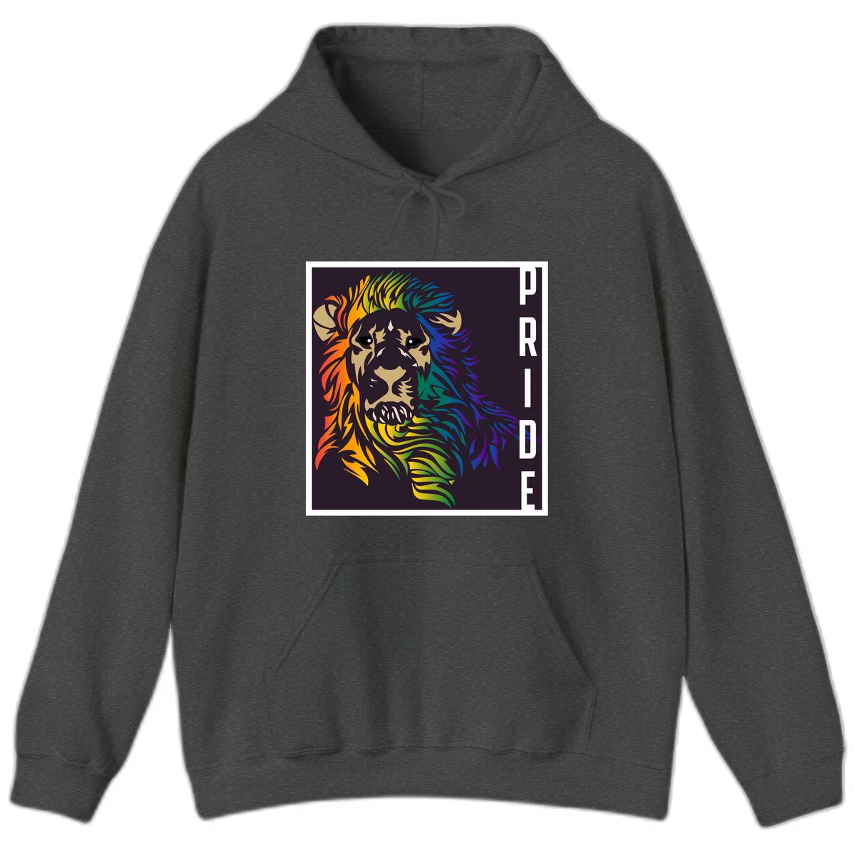 Rainbow pride lion with vibrant gradient mane in orange, yellow, green, blue and purple, with PRIDE text on dark background in Dark Heather